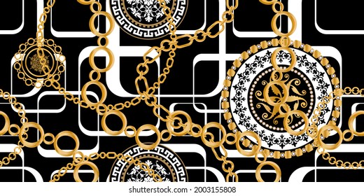 Decoración sin inconfundibles decorada con piedras preciosas, cadenas de oro y perlas.