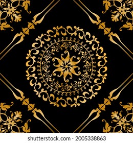 Seamless pattern decorated with precious stones, gold chains and pearls.
