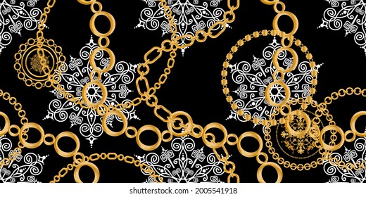 Seamless pattern decorated with precious stones, gold chains and pearls.