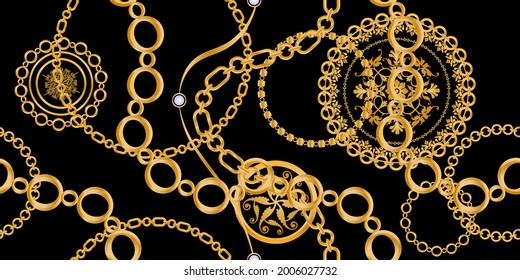 Seamless pattern decorated with precious stones, gold chains and pearls.