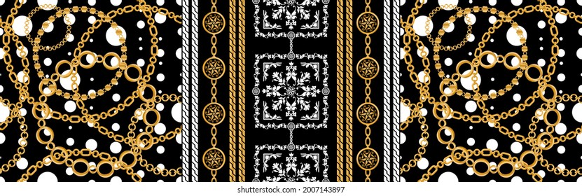 Seamless pattern decorated with precious stones, gold chains and pearls.