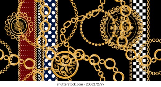 Seamless pattern decorated with precious stones, gold chains and pearls.