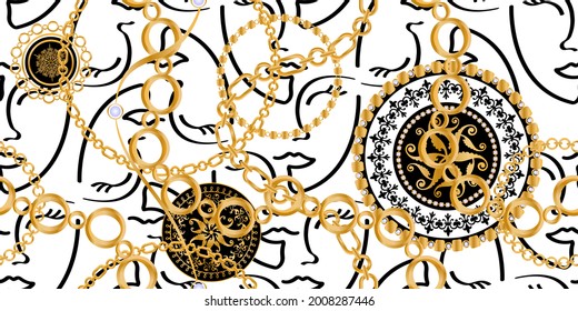 Seamless pattern decorated with precious stones, gold chains and pearls.
