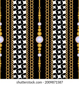 Seamless pattern decorated with precious stones, gold chains and pearls.