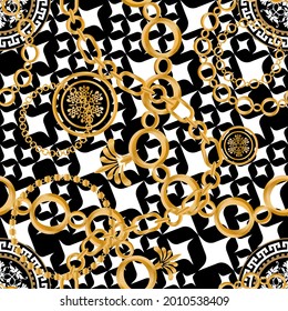 Seamless pattern decorated with precious stones, gold chains and pearls.