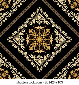 Seamless pattern decorated with precious stones, gold chains and pearls.