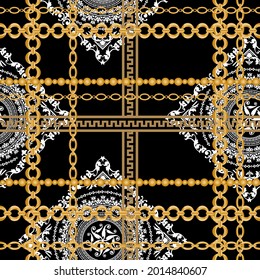 Seamless pattern decorated with precious stones, gold chains and pearls.