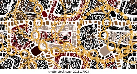 Seamless pattern decorated with precious stones, gold chains and pearls.