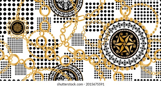 Seamless pattern decorated with precious stones, gold chains and pearls.