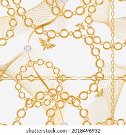 Seamless pattern decorated with precious stones, gold chains and pearls.