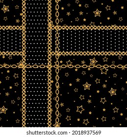 Seamless pattern decorated with precious stones, gold chains and pearls.