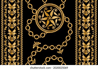 Seamless pattern decorated with precious stones, gold chains and pearls.