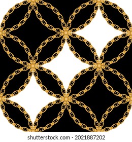 Seamless pattern decorated with precious stones, gold chains and pearls.