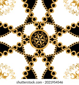 Seamless pattern decorated with precious stones, gold chains and pearls.