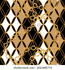 Seamless pattern decorated with precious stones, gold chains and pearls.