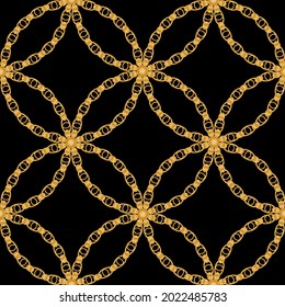 Seamless pattern decorated with precious stones, gold chains and pearls.