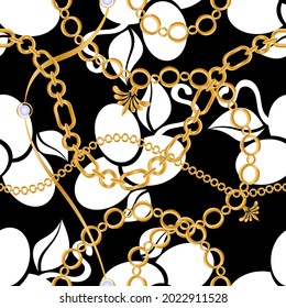 Seamless pattern decorated with precious stones, gold chains and pearls.