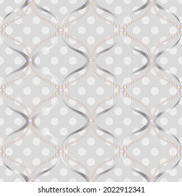 Seamless pattern decorated with precious stones, gold chains and pearls.
