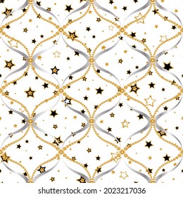 Seamless pattern decorated with precious stones, gold chains and pearls.