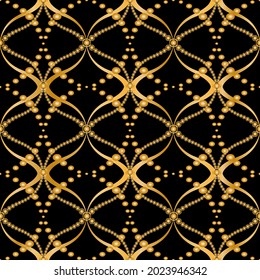 Seamless pattern decorated with precious stones, gold chains and pearls.