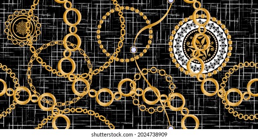 Seamless pattern decorated with precious stones, gold chains and pearls.