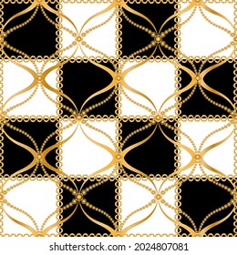 Seamless pattern decorated with precious stones, gold chains and pearls.