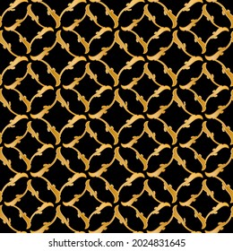 Seamless pattern decorated with precious stones, gold chains and pearls.