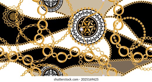 Seamless pattern decorated with precious stones, gold chains and pearls.