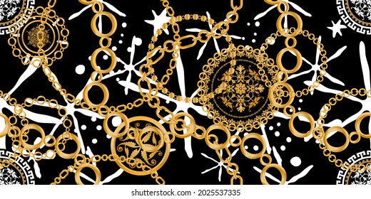 Seamless pattern decorated with precious stones, gold chains and pearls.