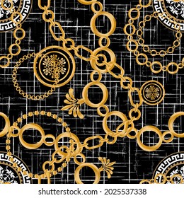 Seamless pattern decorated with precious stones, gold chains and pearls.