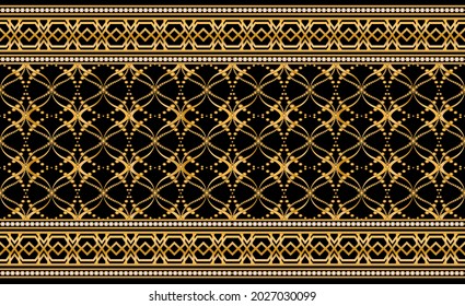 Seamless pattern decorated with precious stones, gold chains and pearls.