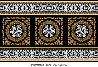 Seamless pattern decorated with precious stones, gold chains and pearls.