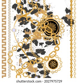 Seamless pattern decorated with precious stones, gold chains and pearls.