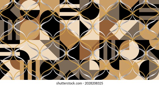 Seamless pattern decorated with precious stones, gold chains and pearls.