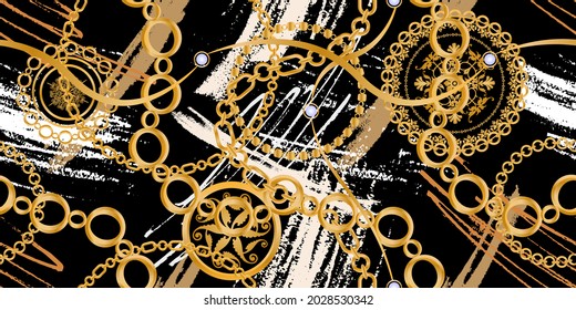 Seamless pattern decorated with precious stones, gold chains and pearls.