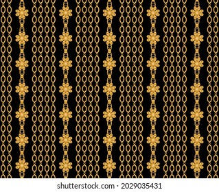 Seamless pattern decorated with precious stones, gold chains and pearls.
