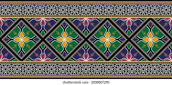 Seamless pattern decorated with precious stones, gold chains and pearls.