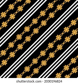 Seamless pattern decorated with precious stones, gold chains and pearls.