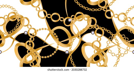 Seamless pattern decorated with precious stones, gold chains and pearls.