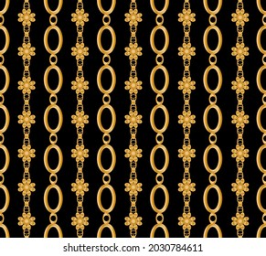 Seamless pattern decorated with precious stones, gold chains and pearls.