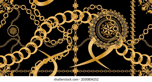Seamless pattern decorated with precious stones, gold chains and pearls.