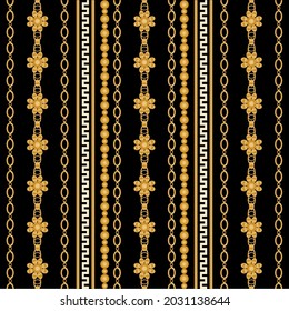 Seamless pattern decorated with precious stones, gold chains and pearls.