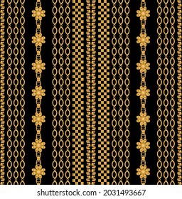 Seamless pattern decorated with precious stones, gold chains and pearls.
