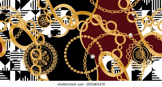 Seamless pattern decorated with precious stones, gold chains and pearls.