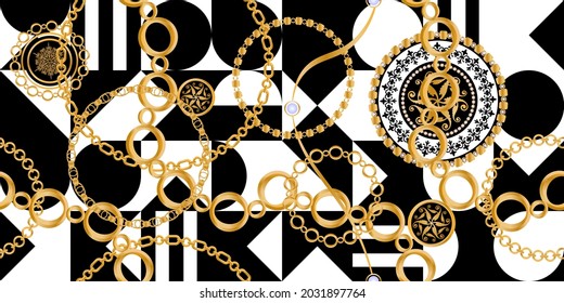 Decoración sin inconfundibles decorada con piedras preciosas, cadenas de oro y perlas.