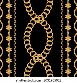 Seamless pattern decorated with precious stones, gold chains and pearls.