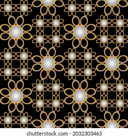 Seamless pattern decorated with precious stones, gold chains and pearls.