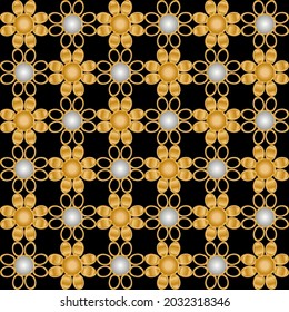 Seamless pattern decorated with precious stones, gold chains and pearls.