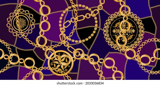 Seamless pattern decorated with precious stones, gold chains and pearls.