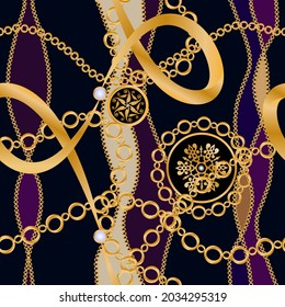 Seamless pattern decorated with precious stones, gold chains and pearls.